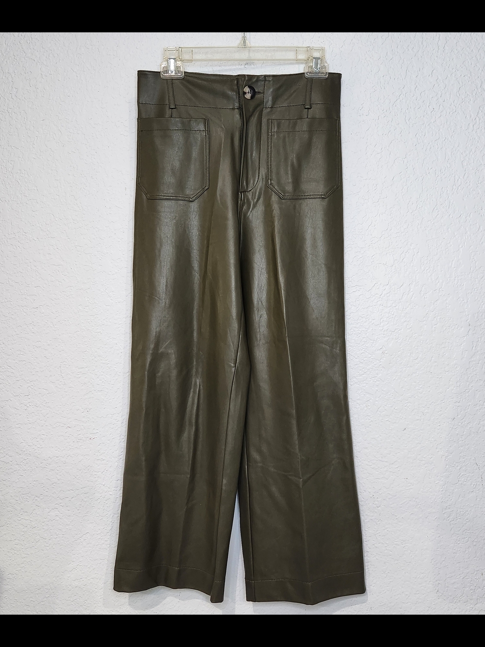 Maeve Anthropologie Olive Faux Leather Wide-Leg Pants